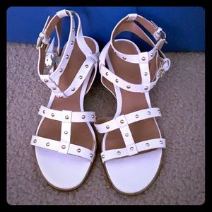 Double buckle white studded sandals